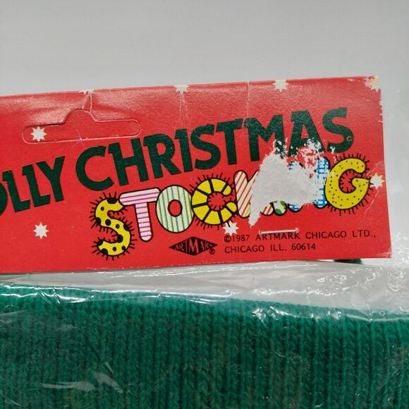 Christmas Stocking 22" Knitted Artmark 1987 Reindeer Green Red Pom Poms Read - Picture 3 of 5